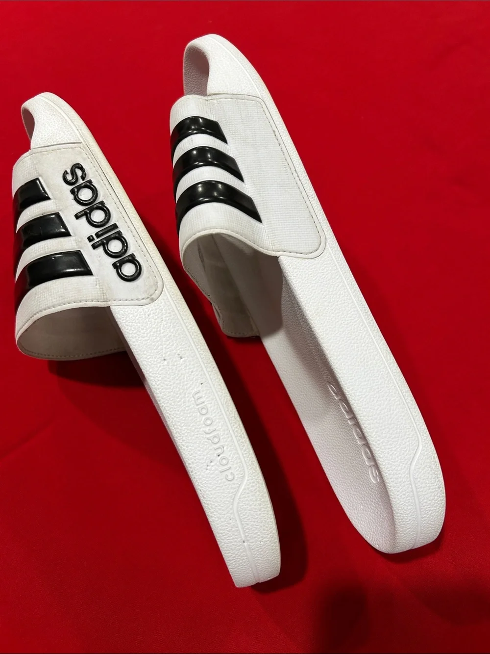 adidas White Slide Sandals with Black Stripes